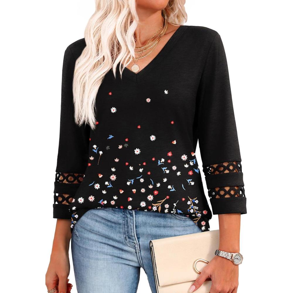 image:imageXIEERDUO 34 Length Sleeve Womens Tops Dressy Casual Blouses for Women 2026 Trendy V Neck T Shirts Summer ClothesZ Black Printed