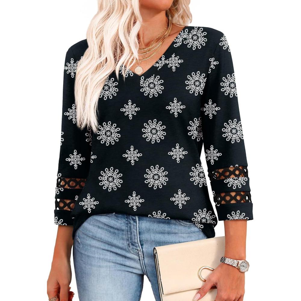 image:imageXIEERDUO 34 Length Sleeve Womens Tops Dressy Casual Blouses for Women 2026 Trendy V Neck T Shirts Summer ClothesZ Black Snowflake