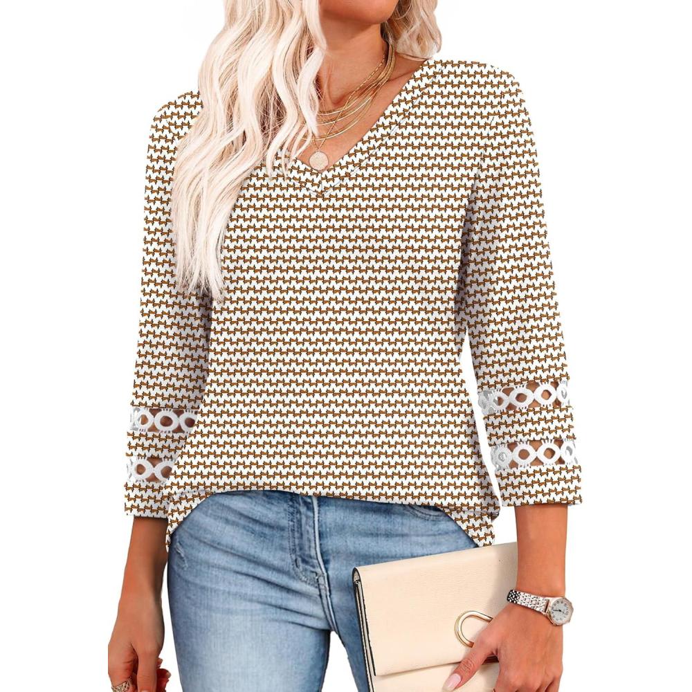 image:imageXIEERDUO 34 Length Sleeve Womens Tops Dressy Casual Blouses for Women 2026 Trendy V Neck T Shirts Summer ClothesZ Brown Geometry