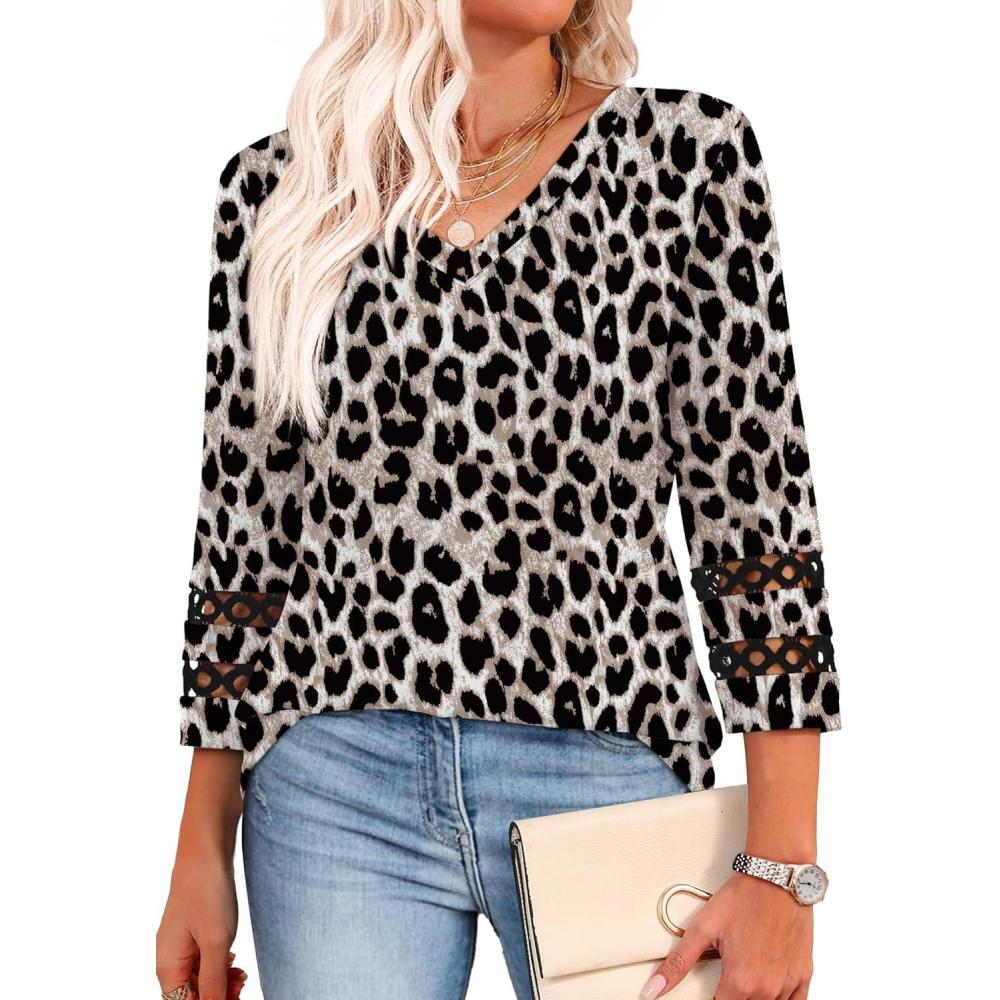 image:imageXIEERDUO 34 Length Sleeve Womens Tops Dressy Casual Blouses for Women 2026 Trendy V Neck T Shirts Summer ClothesZ Brown Leopard