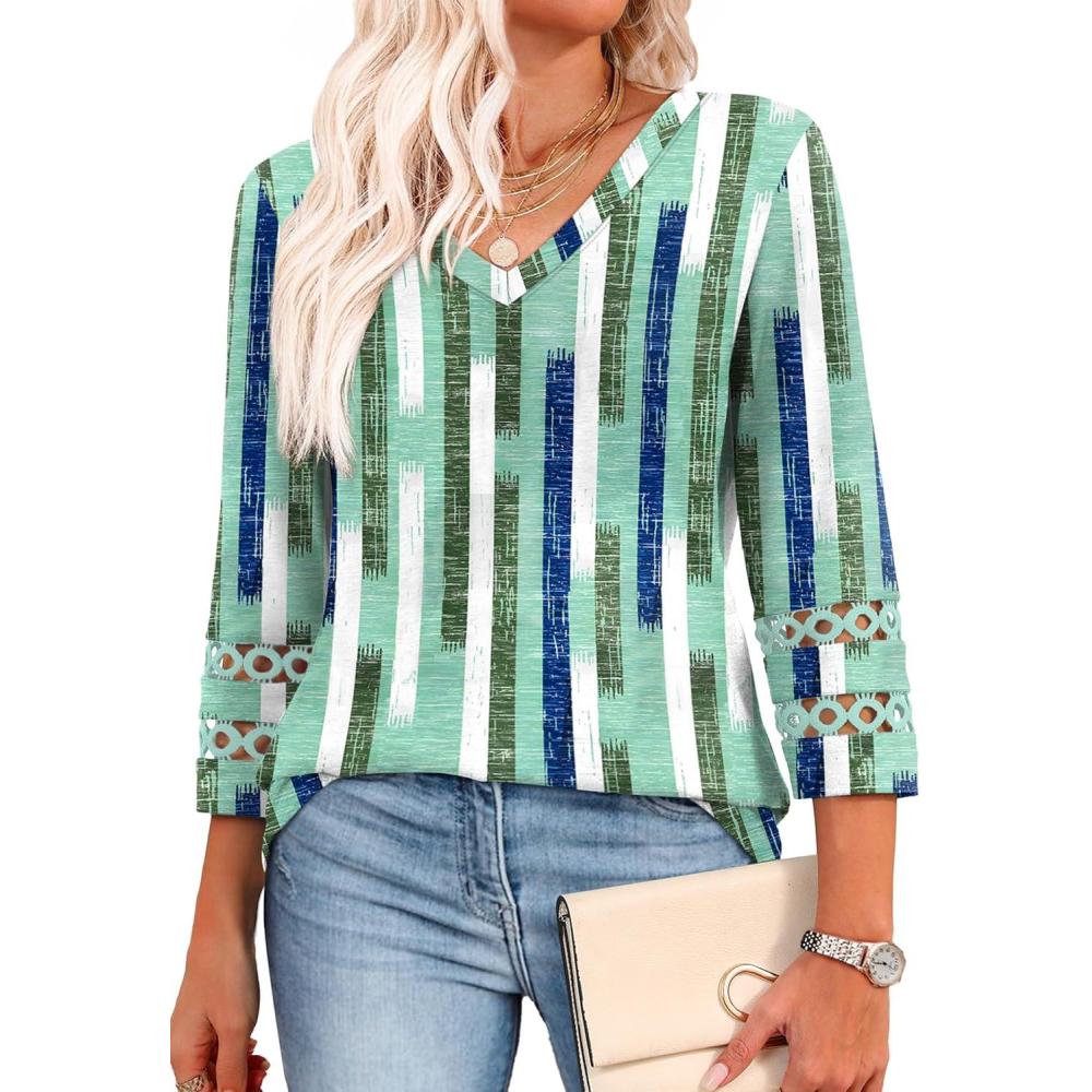 image:imageXIEERDUO 34 Length Sleeve Womens Tops Dressy Casual Blouses for Women 2026 Trendy V Neck T Shirts Summer ClothesZ Green Plaid