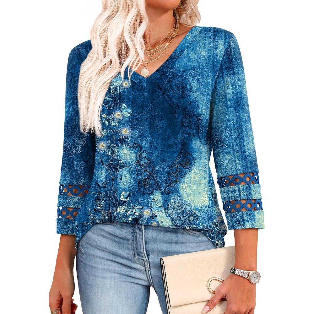image:imageXIEERDUO 34 Length Sleeve Womens Tops Dressy Casual Blouses for Women 2026 Trendy V Neck T Shirts Summer ClothesZ Navy Printed