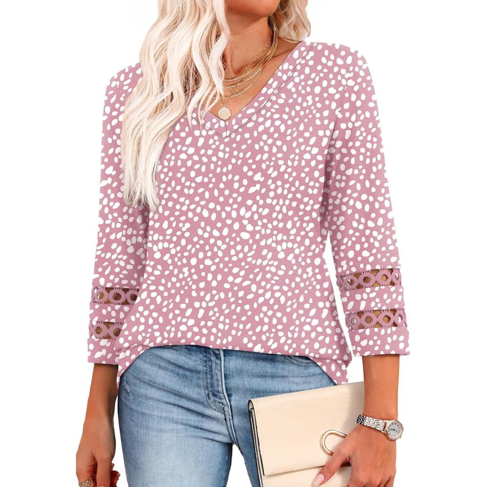 image:imageXIEERDUO 34 Length Sleeve Womens Tops Dressy Casual Blouses for Women 2026 Trendy V Neck T Shirts Summer ClothesZ Pink Dot