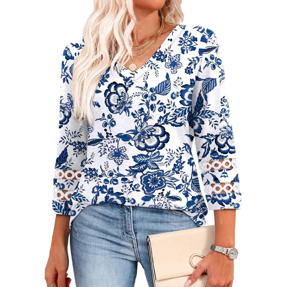 image:imageXIEERDUO 34 Length Sleeve Womens Tops Dressy Casual Blouses for Women 2026 Trendy V Neck T Shirts Summer ClothesZ White Printed