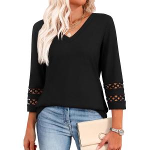 XIEERDUO 3/4 Length Sleeve Womens Tops Dressy Casual Blouses for Women 2026 Trendy V Neck T Shirts Summer Clothes(Black)