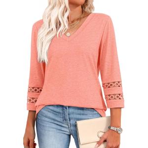 XIEERDUO 3/4 Length Sleeve Womens Tops Dressy Casual Blouses for Women 2026 Trendy V Neck T Shirts Summer Clothes(Coral)