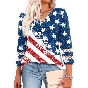 XIEERDUO 3/4 Length Sleeve Womens Tops Dressy Casual Blouses for Women 2026 Trendy V Neck T Shirts Summer Clothes(Flag B)
