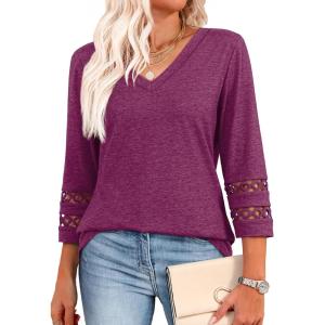 XIEERDUO 3/4 Length Sleeve Womens Tops Dressy Casual Blouses for Women 2026 Trendy V Neck T Shirts Summer Clothes(Maroon)