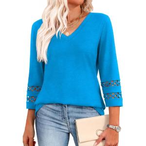 XIEERDUO 3/4 Length Sleeve Womens Tops Dressy Casual Blouses for Women 2026 Trendy V Neck T Shirts Summer Clothes(Sky Blue)