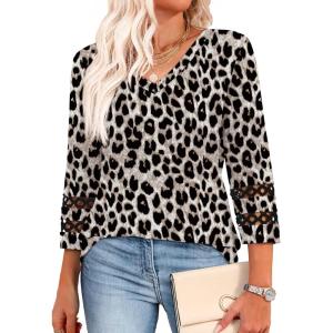 XIEERDUO 3/4 Length Sleeve Womens Tops Dressy Casual Blouses for Women 2026 Trendy V Neck T Shirts Summer Clothes(Z Brown Leopard)