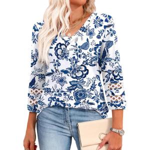 XIEERDUO 3/4 Length Sleeve Womens Tops Dressy Casual Blouses for Women 2026 Trendy V Neck T Shirts Summer Clothes(Z White Printed)