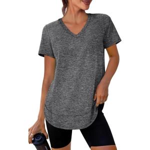 XIEERDUO Womens Workout Tops Short Sleeve Shirts Sun Protection UPF 50+ Quick Dry Outfits for Hiking Running V Neck S-3XL(09 Dark Grey)