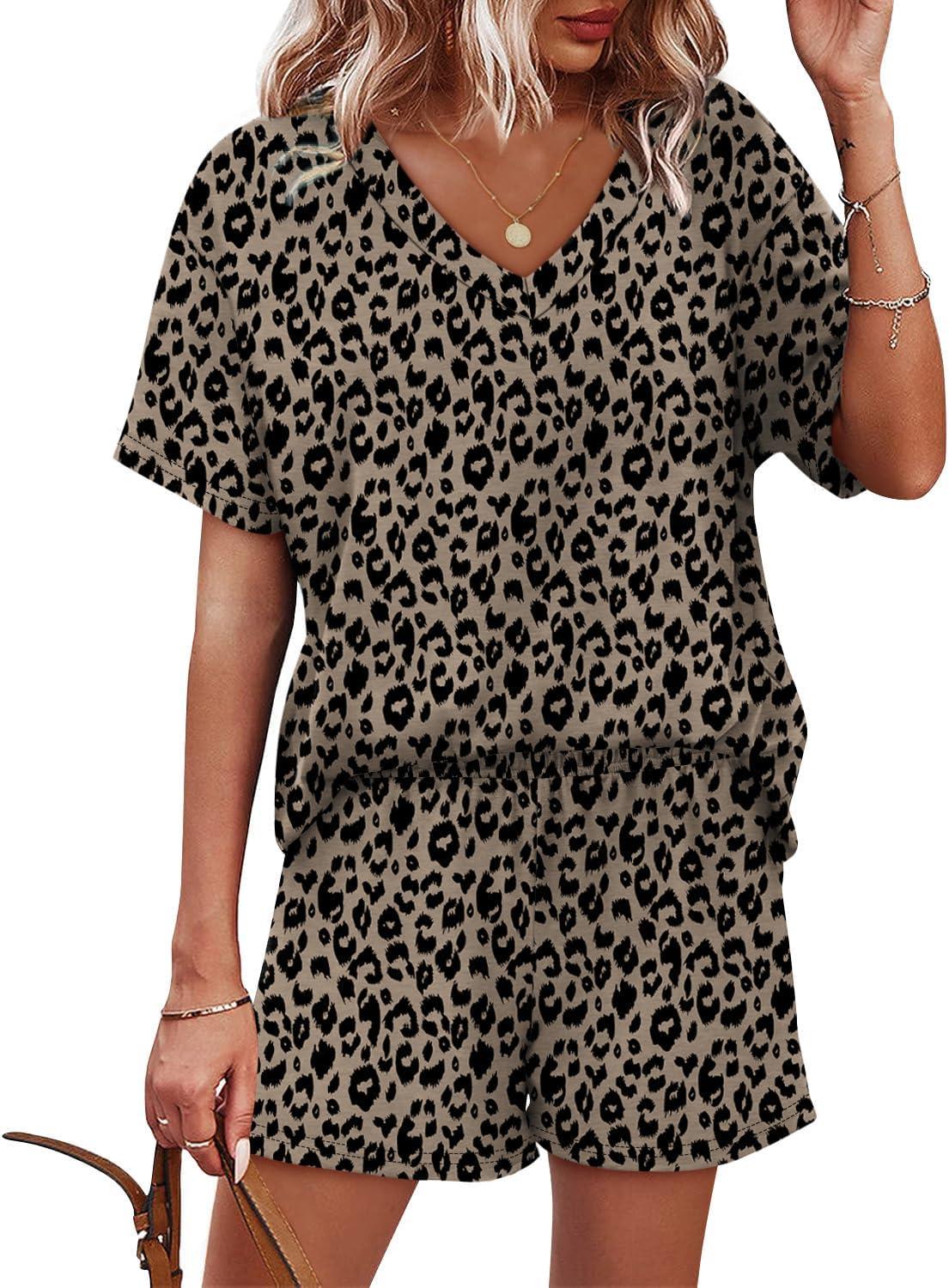 image:imageXIEERDUO Lounge Sets for Women Shorts Lightweight Summer Pajamas Set Sleepwear 2 Piece Sets Airport Vacation OutfitsBleopard