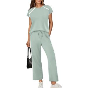 XIEERDUO 2 Piece Sets for Women Crew Neck Travel Airport Outfits Summer Fashion Clothing Cap Sleeve Tops Wide Legs Pants Set(Sage Green)