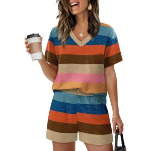 XIEERDUO Lounge Sets for Women Shorts Lightweight Summer Pajamas Set Sleepwear 2 Piece Sets Airport Vacation Outfits(C-colorful Stripe 2)