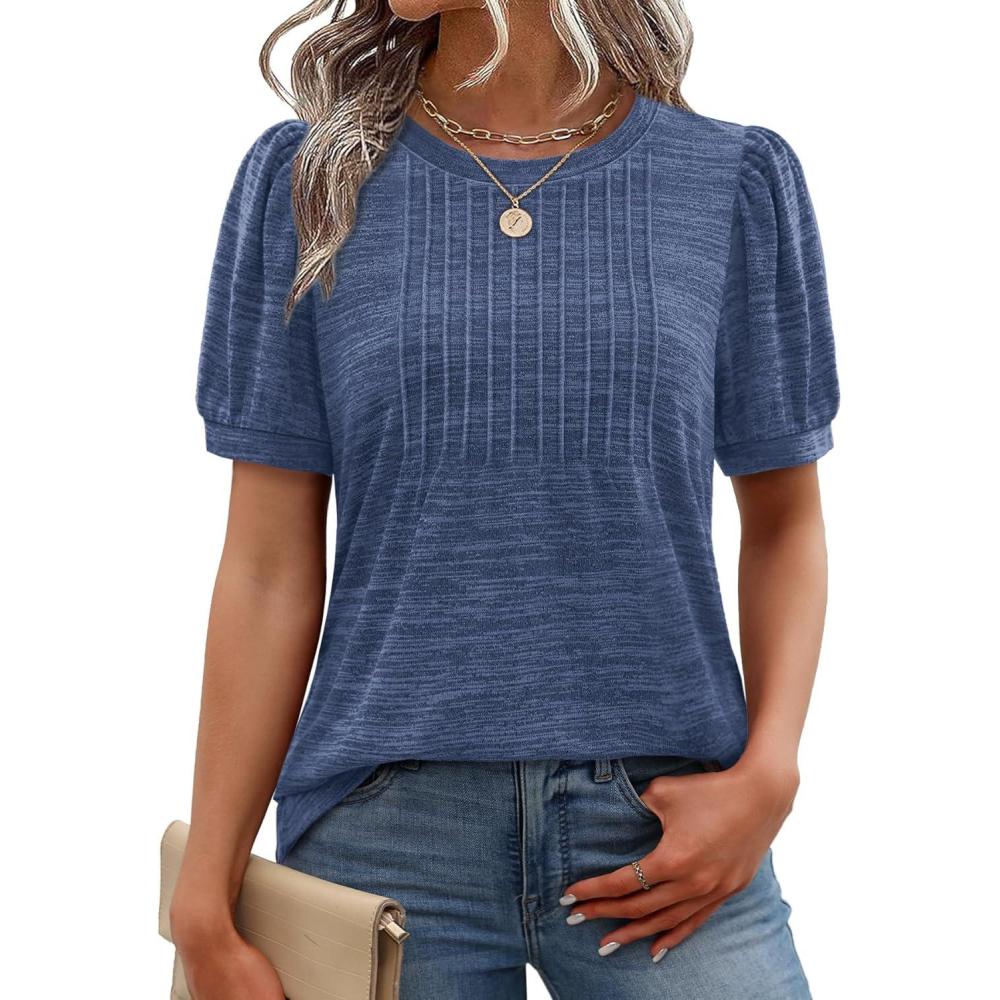 image:imageXIEERDUO Womens Tops Summer Short Sleeve Dressy Casual Blouses Business Trendy Tunic Pleated Shirts Fashion Clothes 2026Blue