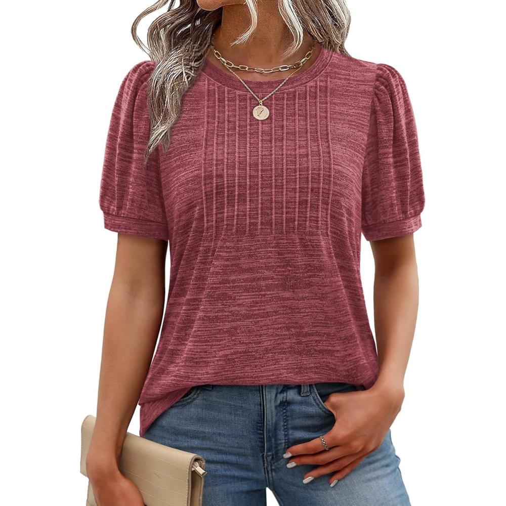 image:imageXIEERDUO Womens Tops Summer Short Sleeve Dressy Casual Blouses Business Trendy Tunic Pleated Shirts Fashion Clothes 2026Burgundy