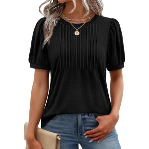 XIEERDUO Womens Tops Summer Short Sleeve Dressy Casual Blouses Business Trendy Tunic Pleated Shirts Fashion Clothes 2026(Black)