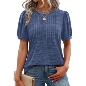 XIEERDUO Womens Tops Summer Short Sleeve Dressy Casual Blouses Business Trendy Tunic Pleated Shirts Fashion Clothes 2026(Blue)