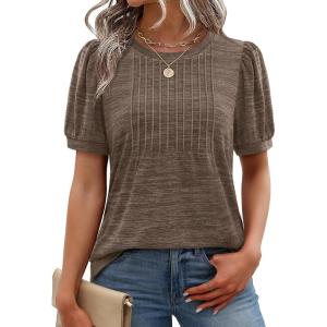 XIEERDUO Womens Tops Summer Short Sleeve Dressy Casual Blouses Business Trendy Tunic Pleated Shirts Fashion Clothes 2026(Brown)