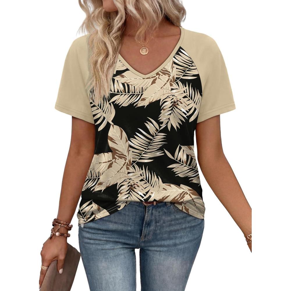 image:imageXIEERDUO Summer Tops Short Sleeve Boho Shirts Raglan Spring Outfits Fashion Clothing Resort Wear for Women 2026Black Beige Tropical Leaves