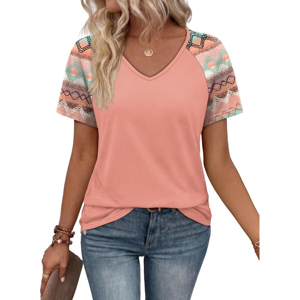 image:imageXIEERDUO Summer Tops Short Sleeve Boho Shirts Raglan Spring Outfits Fashion Clothing Resort Wear for Women 2026Coral Print
