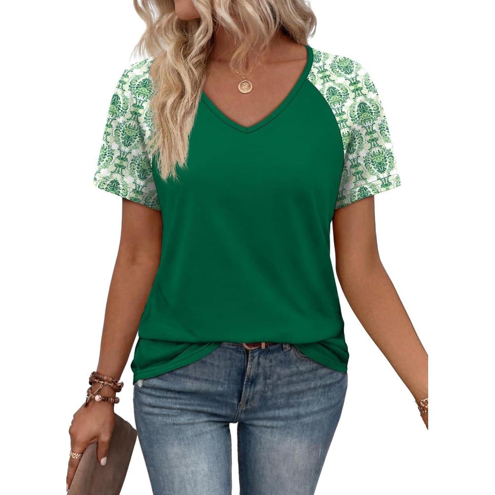 image:imageXIEERDUO Summer Tops Short Sleeve Boho Shirts Raglan Spring Outfits Fashion Clothing Resort Wear for Women 2026Green Print