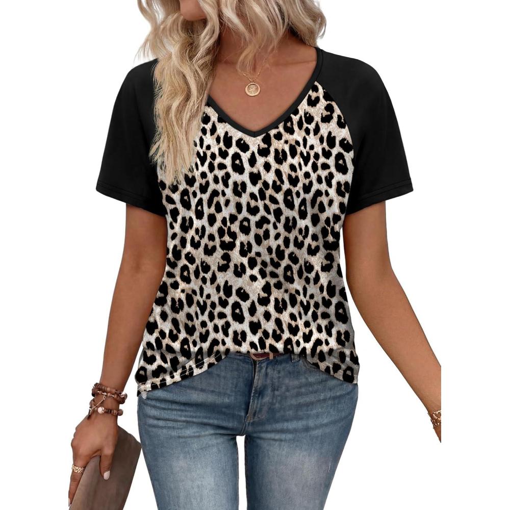 image:imageXIEERDUO Summer Tops Short Sleeve Boho Shirts Raglan Spring Outfits Fashion Clothing Resort Wear for Women 2026Leopard Black