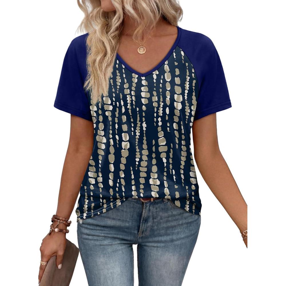 image:imageXIEERDUO Summer Tops Short Sleeve Boho Shirts Raglan Spring Outfits Fashion Clothing Resort Wear for Women 2026Navy Blue Line