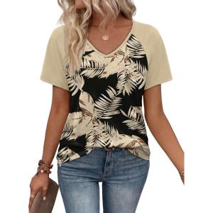 XIEERDUO Summer Tops Short Sleeve Boho Shirts Raglan Spring Outfits Fashion Clothing Resort Wear for Women 2026(Black Beige Tropical Leaves)