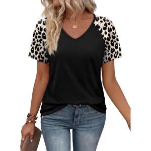 XIEERDUO Summer Tops Short Sleeve Boho Shirts Raglan Spring Outfits Fashion Clothing Resort Wear for Women 2026(Black Leopard)