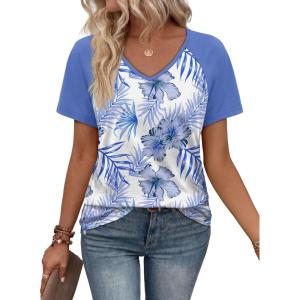 XIEERDUO Summer Tops Short Sleeve Boho Shirts Raglan Spring Outfits Fashion Clothing Resort Wear for Women 2026(Blue Leaf)