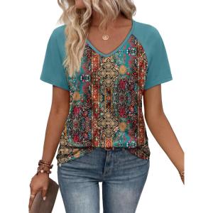 XIEERDUO Summer Tops Short Sleeve Boho Shirts Raglan Spring Outfits Fashion Clothing Resort Wear for Women 2026(Boho Multicolor)