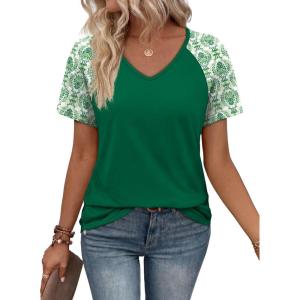 XIEERDUO Summer Tops Short Sleeve Boho Shirts Raglan Spring Outfits Fashion Clothing Resort Wear for Women 2026(Green Print)