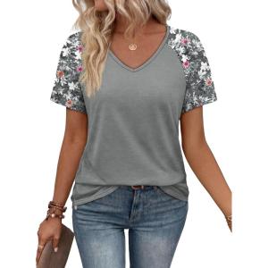 XIEERDUO Summer Tops Short Sleeve Boho Shirts Raglan Spring Outfits Fashion Clothing Resort Wear for Women 2026(Grey Print)