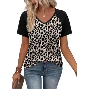 XIEERDUO Summer Tops Short Sleeve Boho Shirts Raglan Spring Outfits Fashion Clothing Resort Wear for Women 2026(Leopard Black)