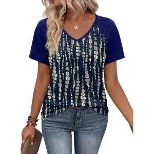 XIEERDUO Summer Tops Short Sleeve Boho Shirts Raglan Spring Outfits Fashion Clothing Resort Wear for Women 2026(Navy Blue Line)