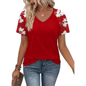 XIEERDUO Summer Tops Short Sleeve Boho Shirts Raglan Spring Outfits Fashion Clothing Resort Wear for Women 2026(Red Print)