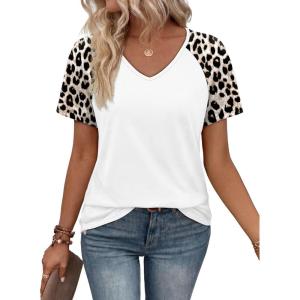 XIEERDUO Summer Tops Short Sleeve Boho Shirts Raglan Spring Outfits Fashion Clothing Resort Wear for Women 2026(White Leopard)