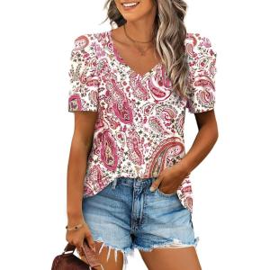 XIEERDUO Womens Summer Shirt V Neck Casual Tshirts Puff Sleeve Tops for Women Solid Color XS-3XL(21-pink Printed)