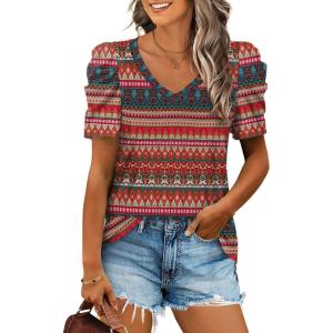 XIEERDUO Womens Summer Shirt V Neck Casual Tshirts Puff Sleeve Tops for Women Solid Color XS-3XL(22-red Boho)