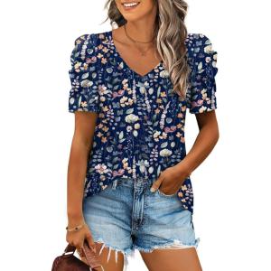 XIEERDUO Womens Summer Shirt V Neck Casual Tshirts Puff Sleeve Tops for Women Solid Color XS-3XL(23-deepblue Floral)