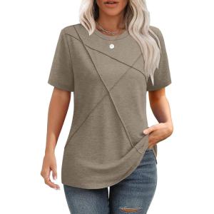 XIEERDUO Womens Summer Tops 2026 Pleated Round Neck Short Sleeve Shirts Business Casual(Brown)