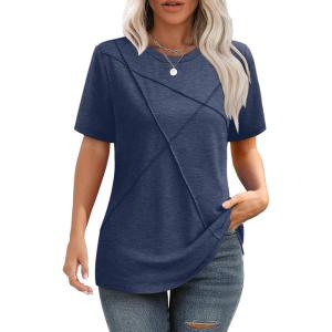 XIEERDUO Womens Summer Tops 2026 Pleated Round Neck Short Sleeve Shirts Business Casual(Navy)