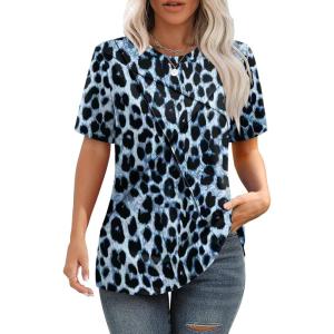 XIEERDUO Womens Summer Tops 2026 Pleated Round Neck Short Sleeve Shirts Business Casual(Z Black Leopard)