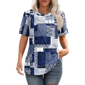XIEERDUO Womens Summer Tops 2026 Pleated Round Neck Short Sleeve Shirts Business Casual(Z Blue Geometry)