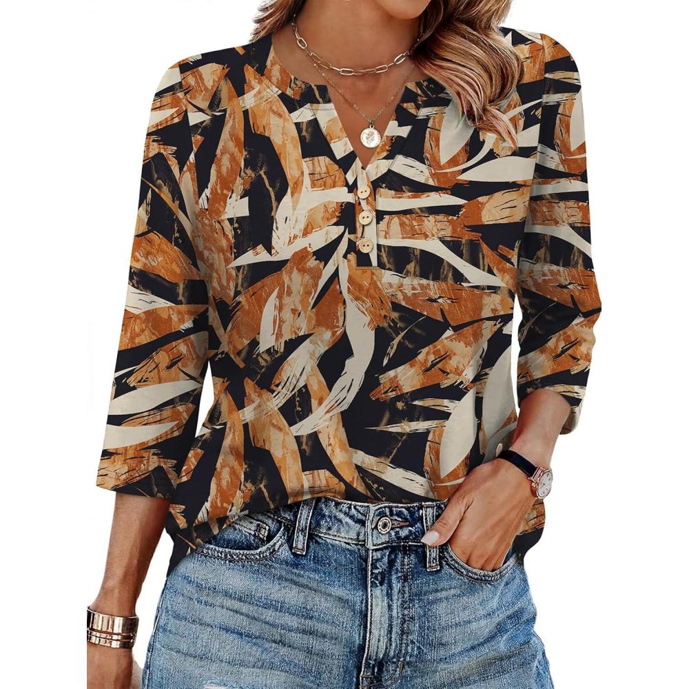 image:imageXIEERDUO 34 Length Sleeve Womens Tops Fashion Clothing V Neck T Shirts Dressy Blouses Business Casual Outfits Tunic TopsDblack Floral