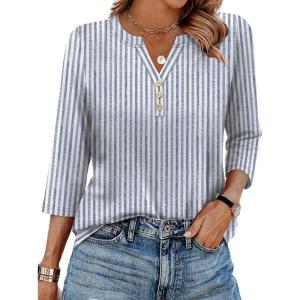XIEERDUO 3/4 Length Sleeve Womens Tops Fashion Clothing V Neck T Shirts Dressy Blouses Business Casual Outfits Tunic Tops(A-blue Stripes)