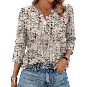 XIEERDUO 3/4 Length Sleeve Womens Tops Fashion Clothing V Neck T Shirts Dressy Blouses Business Casual Outfits Tunic Tops(B-beige Print)