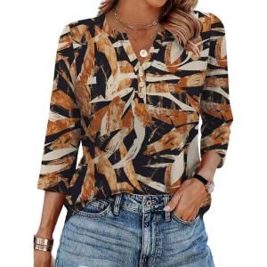 XIEERDUO 3/4 Length Sleeve Womens Tops Fashion Clothing V Neck T Shirts Dressy Blouses Business Casual Outfits Tunic Tops(D-black Floral)